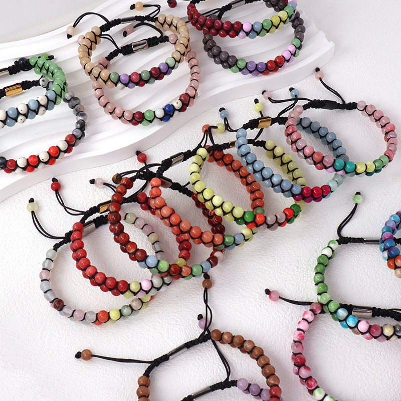 Mens Women Wholesale Double Layer Customized OEM Stainless Steel Logo Macrame Handmade Woven 6mm Natural Stone Beads Bracelet