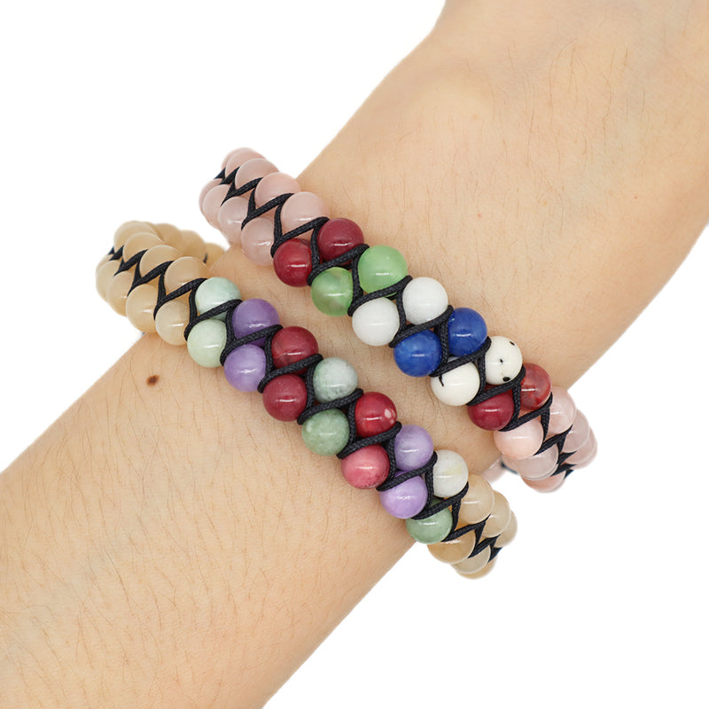 Mens Women Wholesale Double Layer Customized OEM Stainless Steel Logo Macrame Handmade Woven 6mm Natural Stone Beads Bracelet