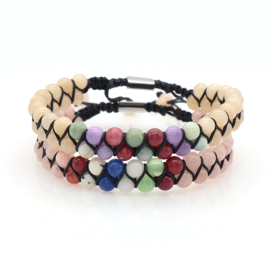 Mens Women Wholesale Double Layer Customized OEM Stainless Steel Logo Macrame Handmade Woven 6mm Natural Stone Beads Bracelet