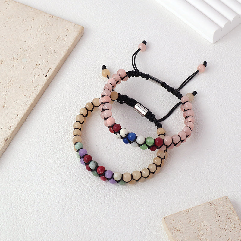 Mens Women Wholesale Double Layer Customized OEM Stainless Steel Logo Macrame Handmade Woven 6mm Natural Stone Beads Bracelet