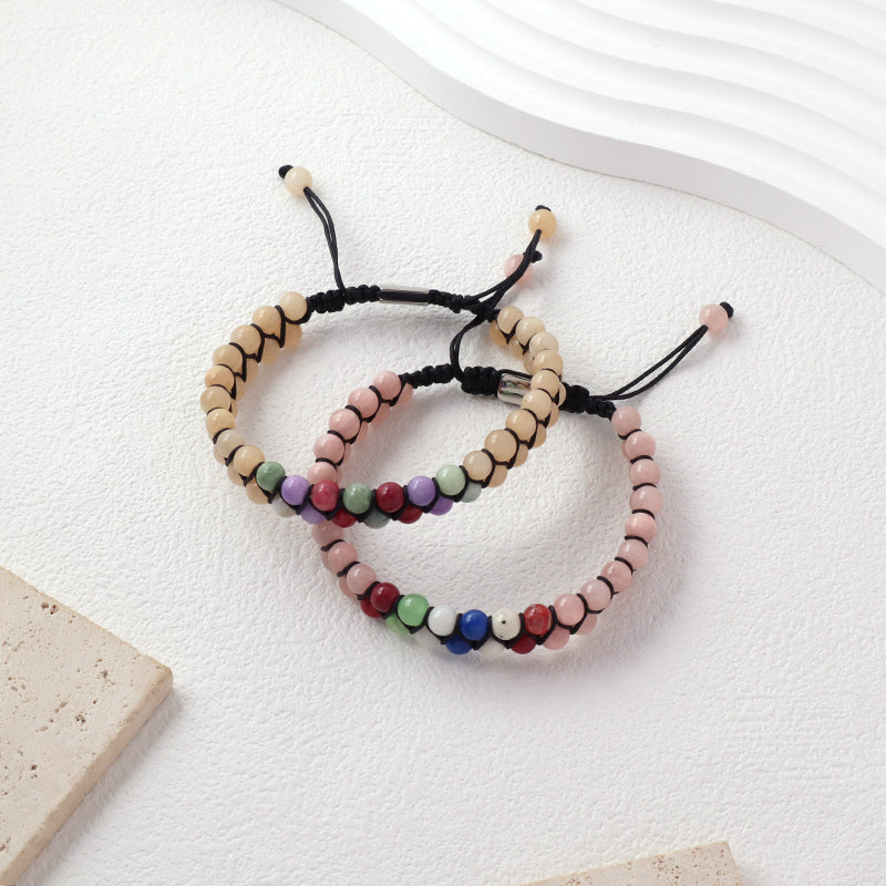 Mens Women Wholesale Double Layer Customized OEM Stainless Steel Logo Macrame Handmade Woven 6mm Natural Stone Beads Bracelet