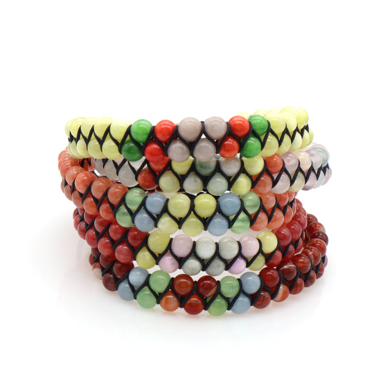 Customized OEM Wholesale Mens Women Double Layer Stainless Steel Logo 6mm Natural Stone Beads Macrame Woven Handmade Bracelet