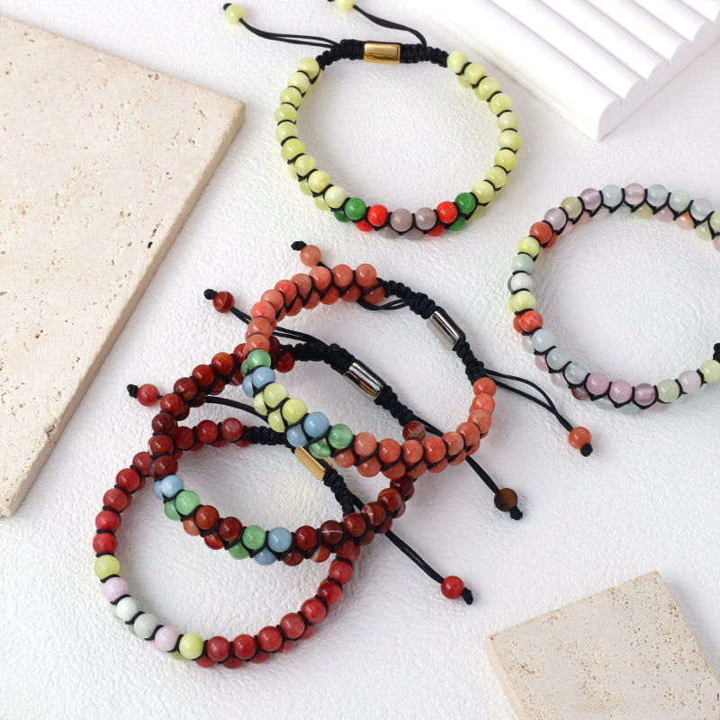 Customized OEM Wholesale Mens Women Double Layer Stainless Steel Logo 6mm Natural Stone Beads Macrame Woven Handmade Bracelet