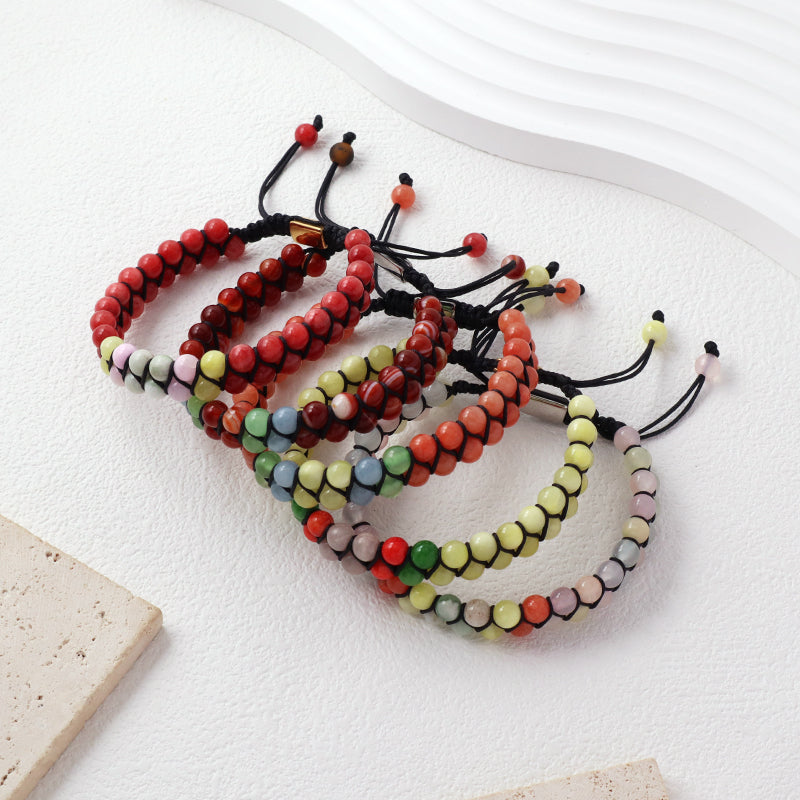 Customized OEM Wholesale Mens Women Double Layer Stainless Steel Logo 6mm Natural Stone Beads Macrame Woven Handmade Bracelet