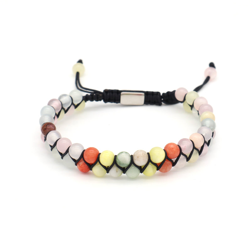 Customized OEM Wholesale Mens Women Double Layer Stainless Steel Logo 6mm Natural Stone Beads Macrame Woven Handmade Bracelet