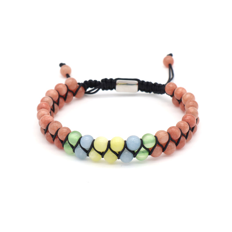 Customized OEM Wholesale Mens Women Double Layer Stainless Steel Logo 6mm Natural Stone Beads Macrame Woven Handmade Bracelet