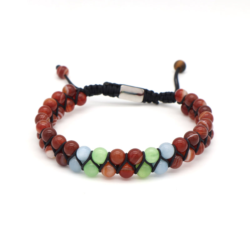 Customized OEM Wholesale Mens Women Double Layer Stainless Steel Logo 6mm Natural Stone Beads Macrame Woven Handmade Bracelet