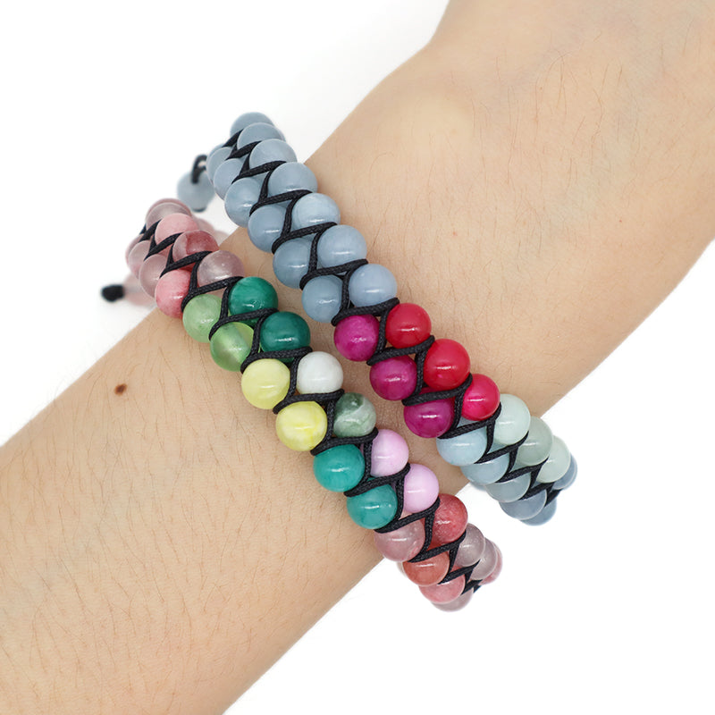 Double Layer OEM Wholesale Custom Mens Women Stainless Steel Logo Handmade 6mm Beads Lucky Natural Stone Woven Macrame Bracelet