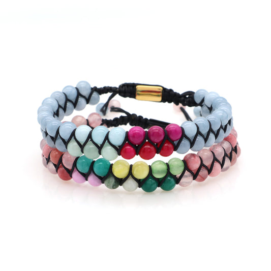 Double Layer OEM Wholesale Custom Mens Women Stainless Steel Logo Handmade 6mm Beads Lucky Natural Stone Woven Macrame Bracelet