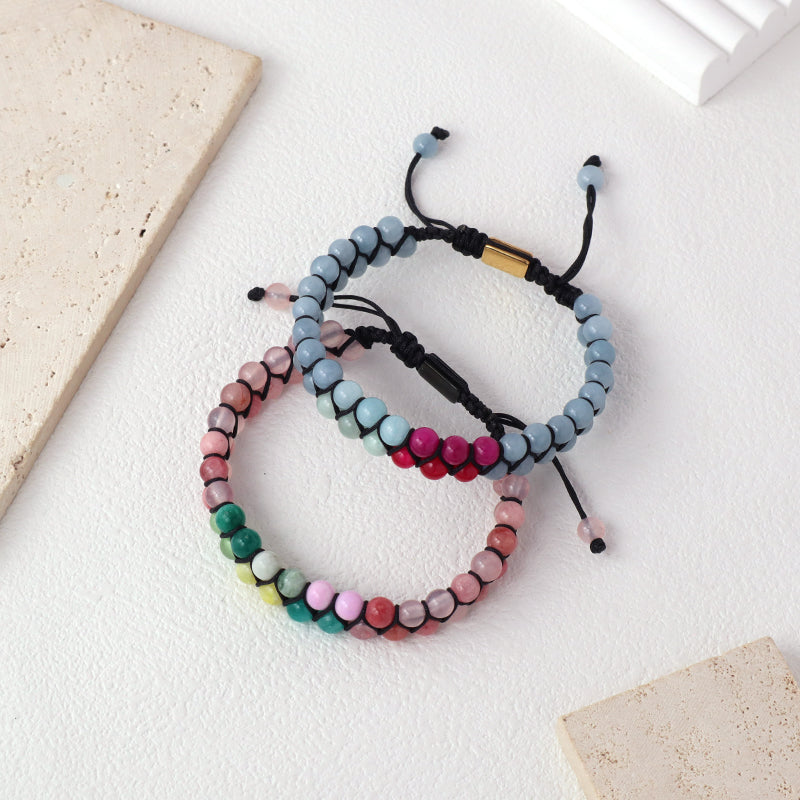 Double Layer OEM Wholesale Custom Mens Women Stainless Steel Logo Handmade 6mm Beads Lucky Natural Stone Woven Macrame Bracelet