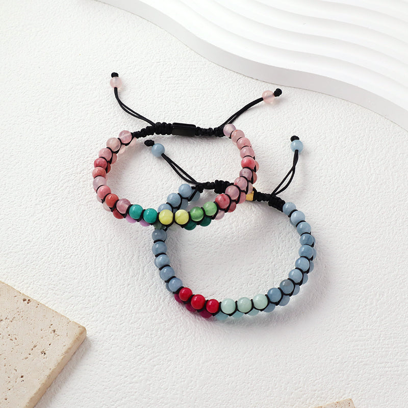 Double Layer OEM Wholesale Custom Mens Women Stainless Steel Logo Handmade 6mm Beads Lucky Natural Stone Woven Macrame Bracelet