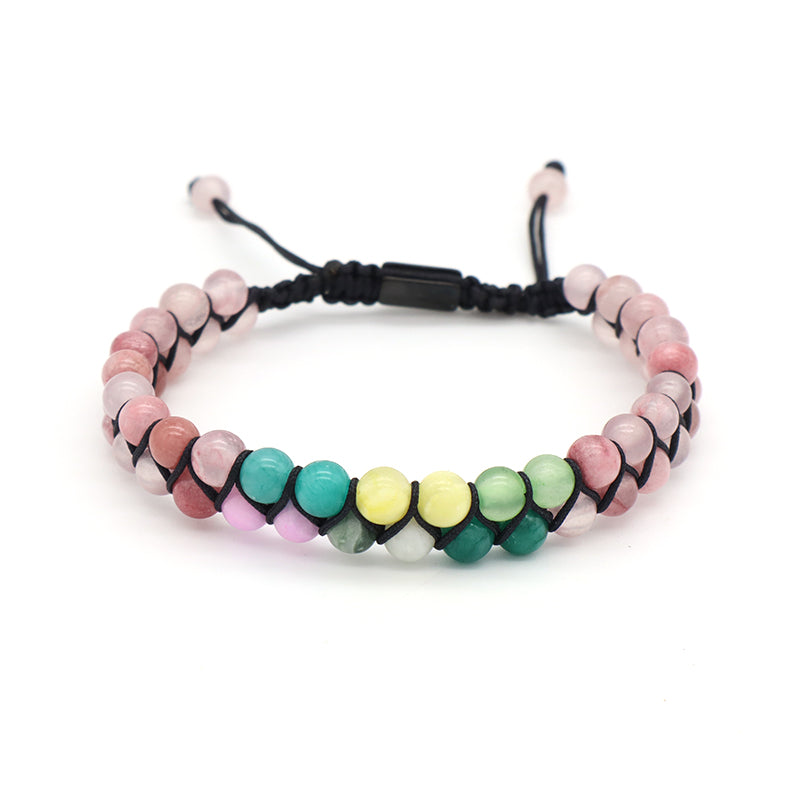 Double Layer OEM Wholesale Custom Mens Women Stainless Steel Logo Handmade 6mm Beads Lucky Natural Stone Woven Macrame Bracelet