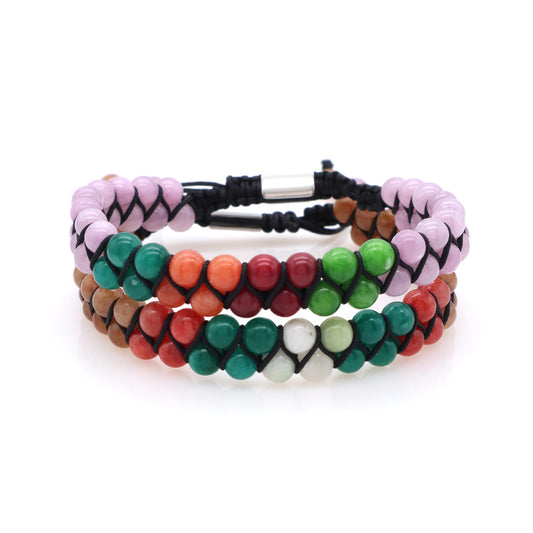 Stainless Steel Logo Wholesale Double Layer Mens Women Custom OEM 6mm Lucky Natural Stone Beads Handmade Woven Macrame Bracelet