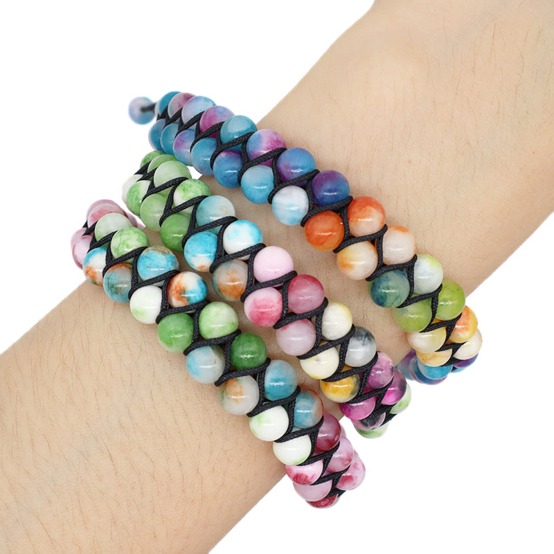 Handmade Custom Wholesale Double Layer Mens Women OEM Stainless Steel Logo Woven Macrame 6mm Lucky Natural Stone Beads Bracelet