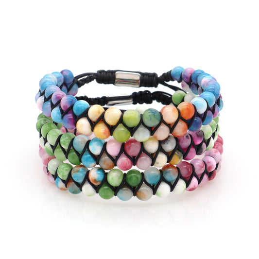 Handmade Custom Wholesale Double Layer Mens Women OEM Stainless Steel Logo Woven Macrame 6mm Lucky Natural Stone Beads Bracelet