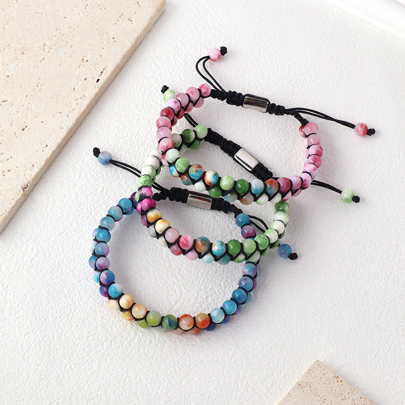 Handmade Custom Wholesale Double Layer Mens Women OEM Stainless Steel Logo Woven Macrame 6mm Lucky Natural Stone Beads Bracelet