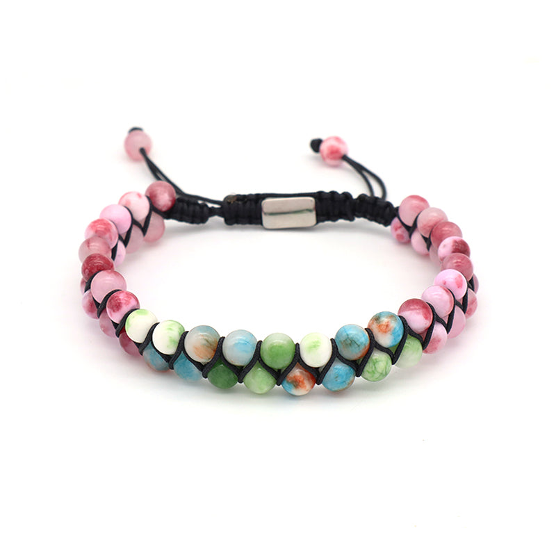 Handmade Custom Wholesale Double Layer Mens Women OEM Stainless Steel Logo Woven Macrame 6mm Lucky Natural Stone Beads Bracelet