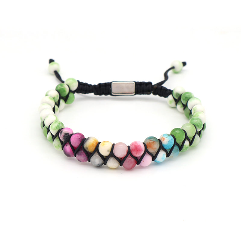 Handmade Custom Wholesale Double Layer Mens Women OEM Stainless Steel Logo Woven Macrame 6mm Lucky Natural Stone Beads Bracelet