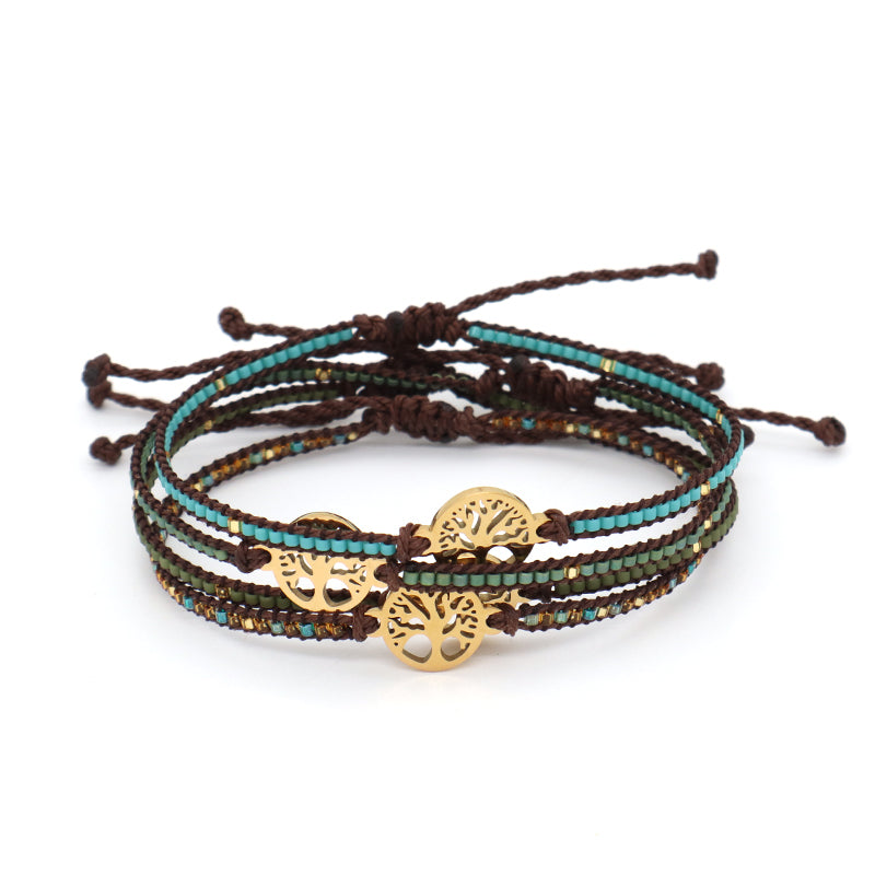 Custom Handmade OEM Women Jewelry Adjustable Braided Woven Macrame Gold Plated Stainless Steel Life Tree Charm Miyuki Bracelet