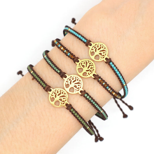 Custom Handmade OEM Women Jewelry Adjustable Braided Woven Macrame Gold Plated Stainless Steel Life Tree Charm Miyuki Bracelet