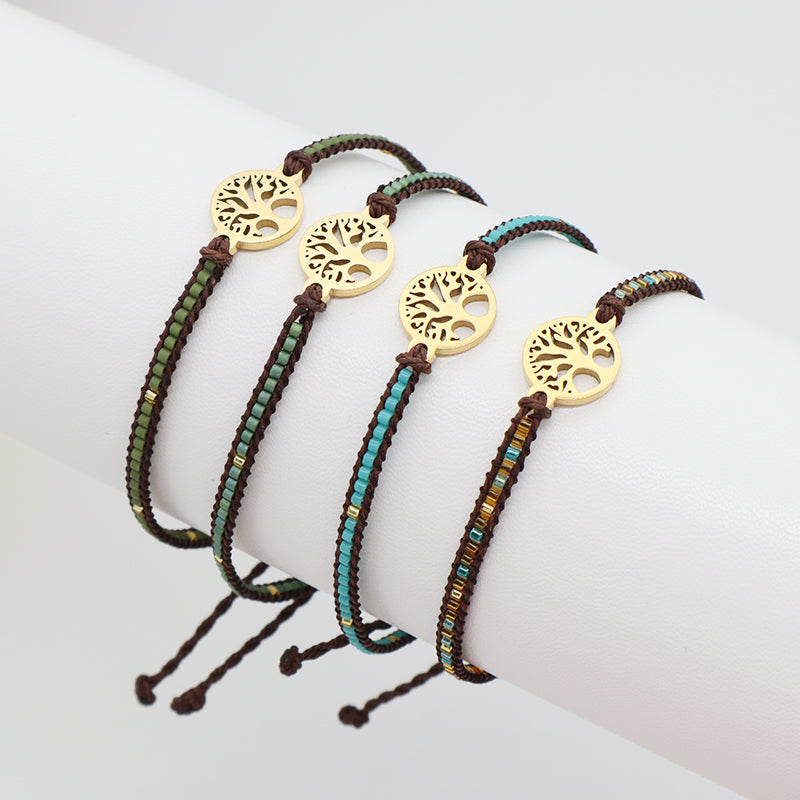 Custom Handmade OEM Women Jewelry Adjustable Braided Woven Macrame Gold Plated Stainless Steel Life Tree Charm Miyuki Bracelet