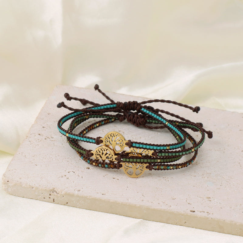 Custom Handmade OEM Women Jewelry Adjustable Braided Woven Macrame Gold Plated Stainless Steel Life Tree Charm Miyuki Bracelet