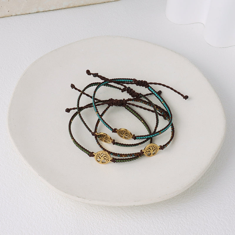 Custom Handmade OEM Women Jewelry Adjustable Braided Woven Macrame Gold Plated Stainless Steel Life Tree Charm Miyuki Bracelet