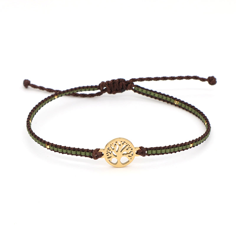 Custom Handmade OEM Women Jewelry Adjustable Braided Woven Macrame Gold Plated Stainless Steel Life Tree Charm Miyuki Bracelet