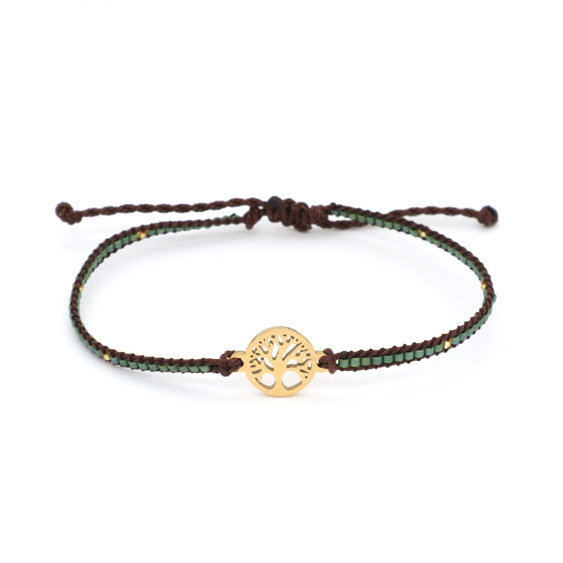 Custom Handmade OEM Women Jewelry Adjustable Braided Woven Macrame Gold Plated Stainless Steel Life Tree Charm Miyuki Bracelet