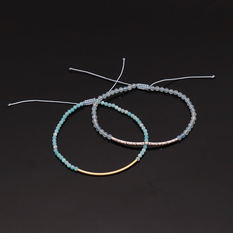 Handmade Healing Custom Gold Plated 925 Sterling Silver Bend Charm Adjustable Woven Women Macrame Natural Stone Beads Bracelet