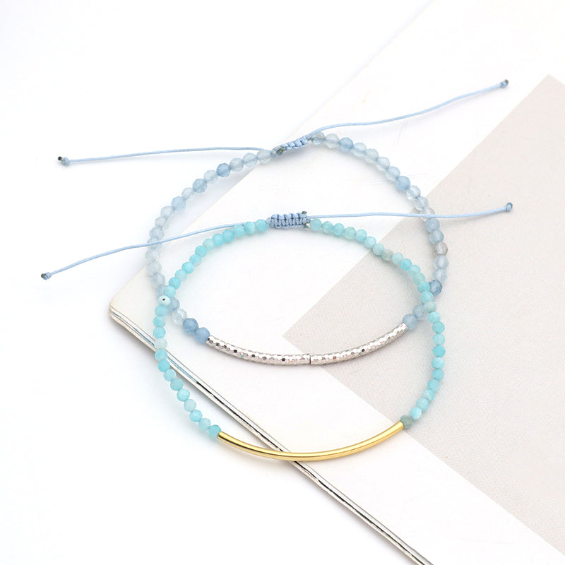 Handmade Healing Custom Gold Plated 925 Sterling Silver Bend Charm Adjustable Woven Women Macrame Natural Stone Beads Bracelet