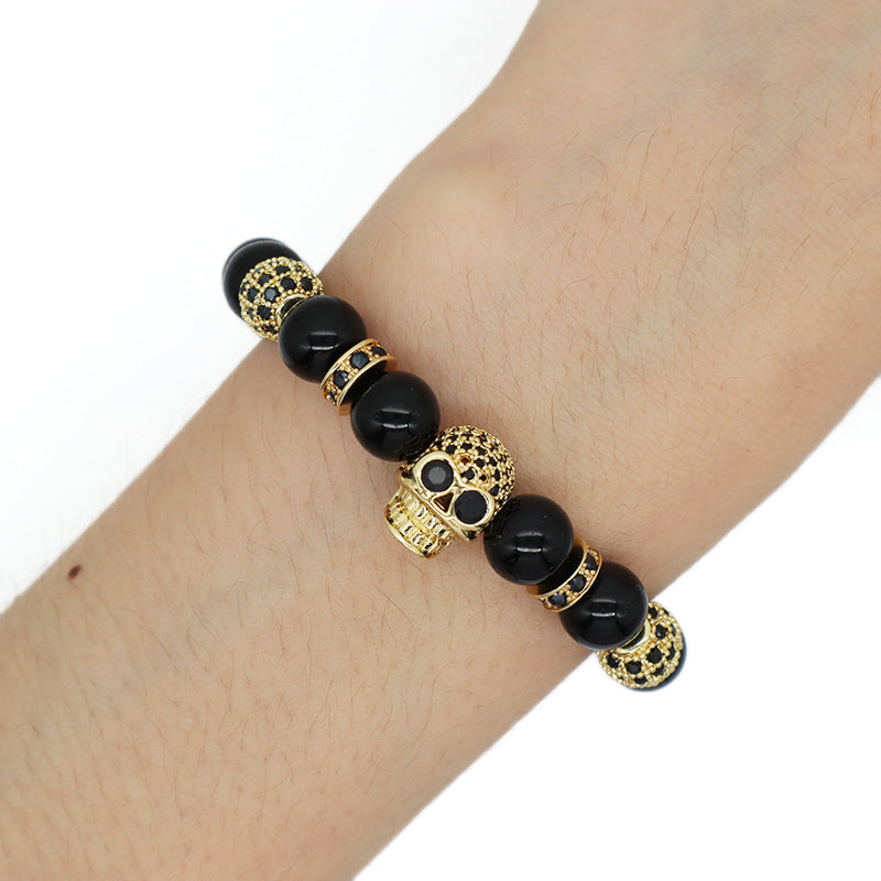 Wholesale OEM Custom Trendy Energy Gemstone Gold Plated Skull Charm Braided 8mm Natural Stone Agate Beads Bracelet For Women Men