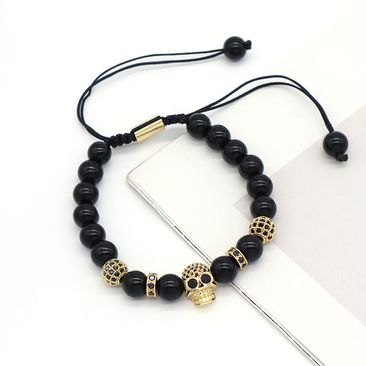 Wholesale OEM Custom Trendy Energy Gemstone Gold Plated Skull Charm Braided 8mm Natural Stone Agate Beads Bracelet For Women Men