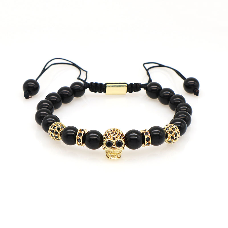 Wholesale OEM Custom Trendy Energy Gemstone Gold Plated Skull Charm Braided 8mm Natural Stone Agate Beads Bracelet For Women Men