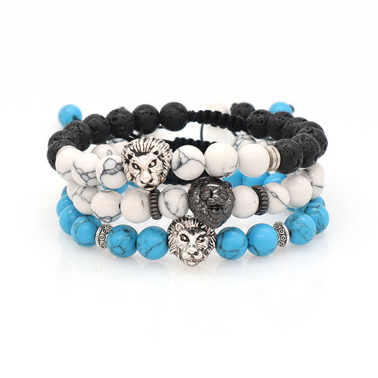 Handmade OEM Custom Energy Gemstone Rhodium Lion Charm Braided 8mm Lava Turquoise Beads Natural Stone Bracelet For Men Women