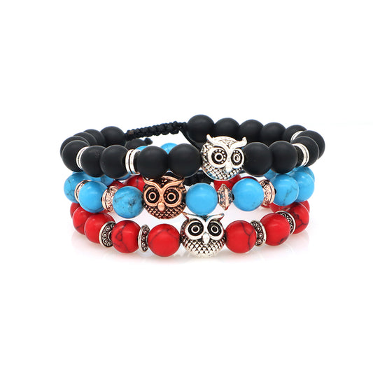 OEM Wholesale Custom Energy Gemstone Women Men Owl Charm Braided Woven 8mm Natural Stone Beads Agate Red Turquoise Bracelet