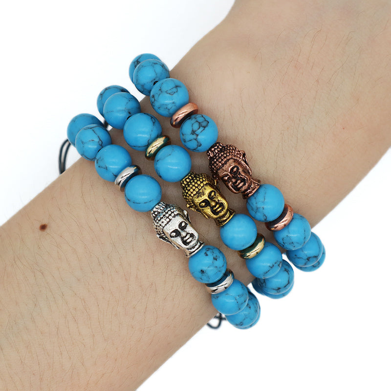 Custom Energy Gemstone Women Men OEM Wholesale Gold Plated Charm 8mm Natural Stone Braided Woven Turquoise Beads Buddha Bracelet