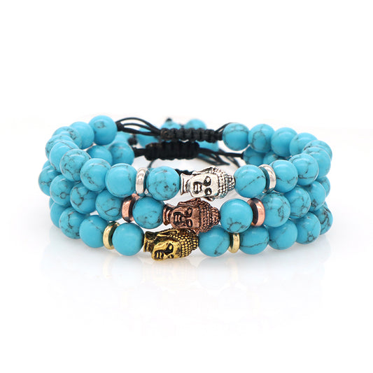 Custom Energy Gemstone Women Men OEM Wholesale Gold Plated Charm 8mm Natural Stone Braided Woven Turquoise Beads Buddha Bracelet