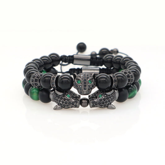 New OEM Wholesale Custom Trendy 8mm Energy Natural Stone Beads Adjustable Braided Woven Leopard Agate Tiger Eyes Bracelet For Men