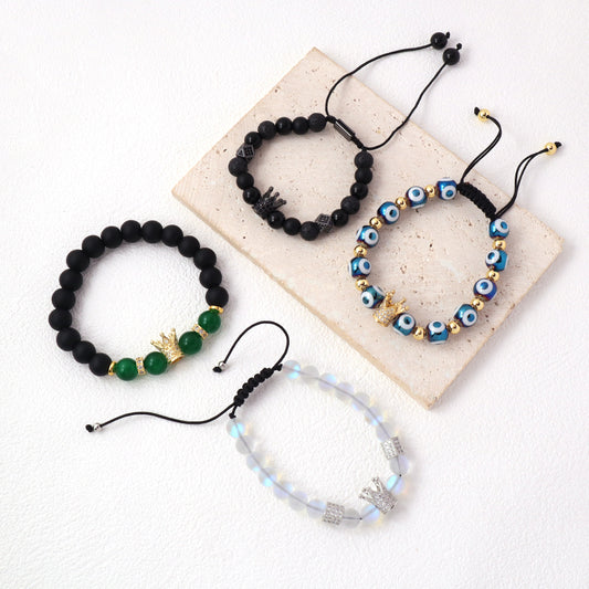 OEM Custom Women Men 8mm 10mm Coloured Glaze Energy Healing Natural Stone Agate Lava Moonstone Beads Evil Eyes Crown Bracelet