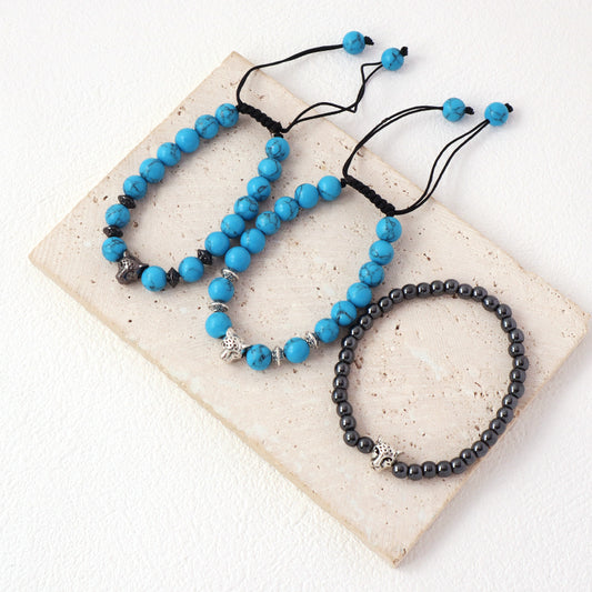 Handmade Customized 8mm Energy Natural Stone Beads Adjustable Braided Woven Macrame Hematite Turquoise Leopard Bracelet For Men