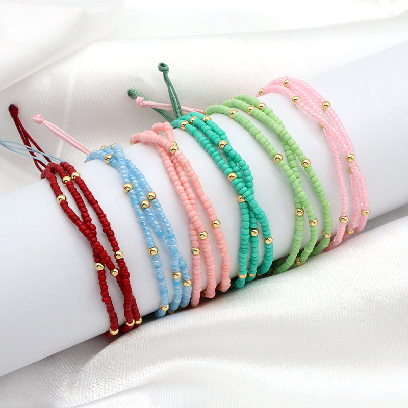 Various Colorful Handmade Wholesale OEM Factory Custom Jewelry Women Adjustable Three Layer Gold Plated Seed Beaded Bracelet