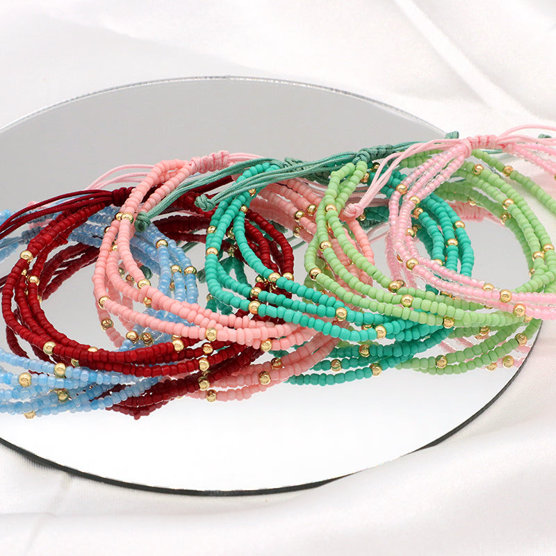 Various Colorful Handmade Wholesale OEM Factory Custom Jewelry Women Adjustable Three Layer Gold Plated Seed Beaded Bracelet