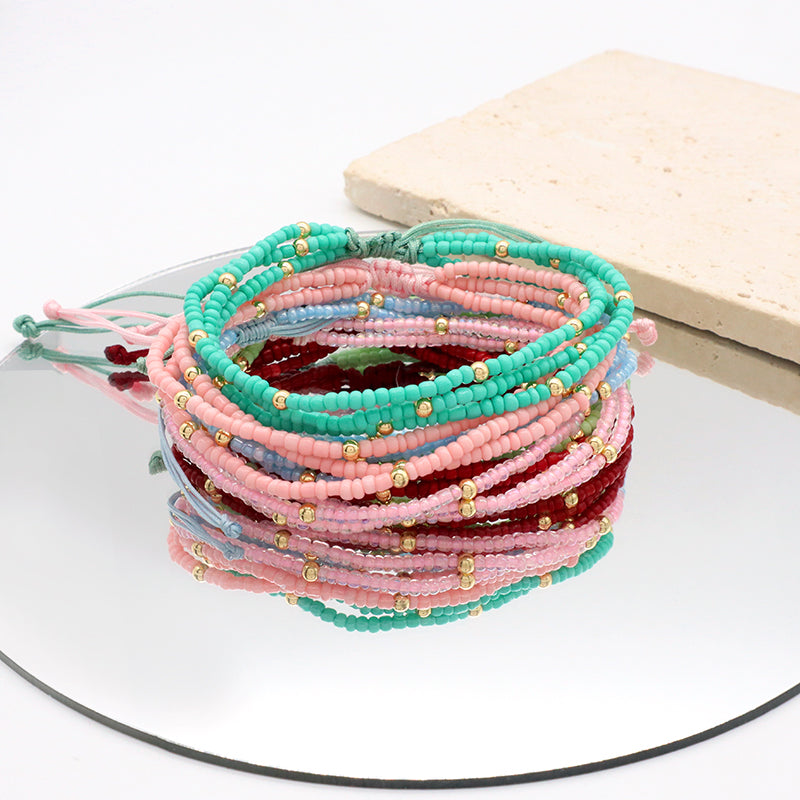 Various Colorful Handmade Wholesale OEM Factory Custom Jewelry Women Adjustable Three Layer Gold Plated Seed Beaded Bracelet