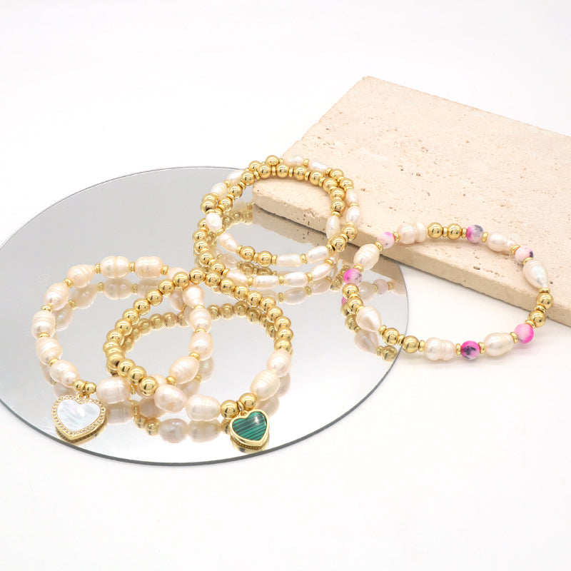 Handmade Customized Jewelry Gold Plated Fresh Water Pearl Heart Charm Bracelet