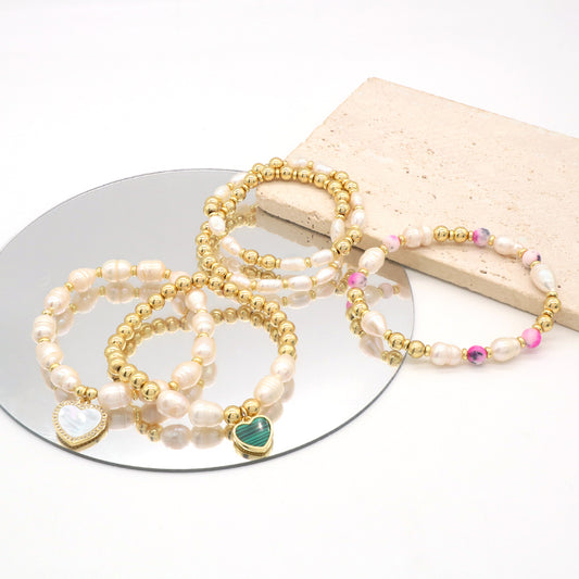 Handmade Customized Jewelry Gold Plated Fresh Water Pearl Heart Charm Bracelet