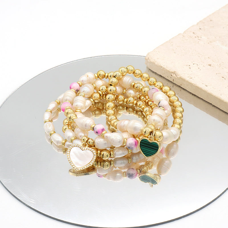 Handmade Customized Jewelry Gold Plated Fresh Water Pearl Heart Charm Bracelet