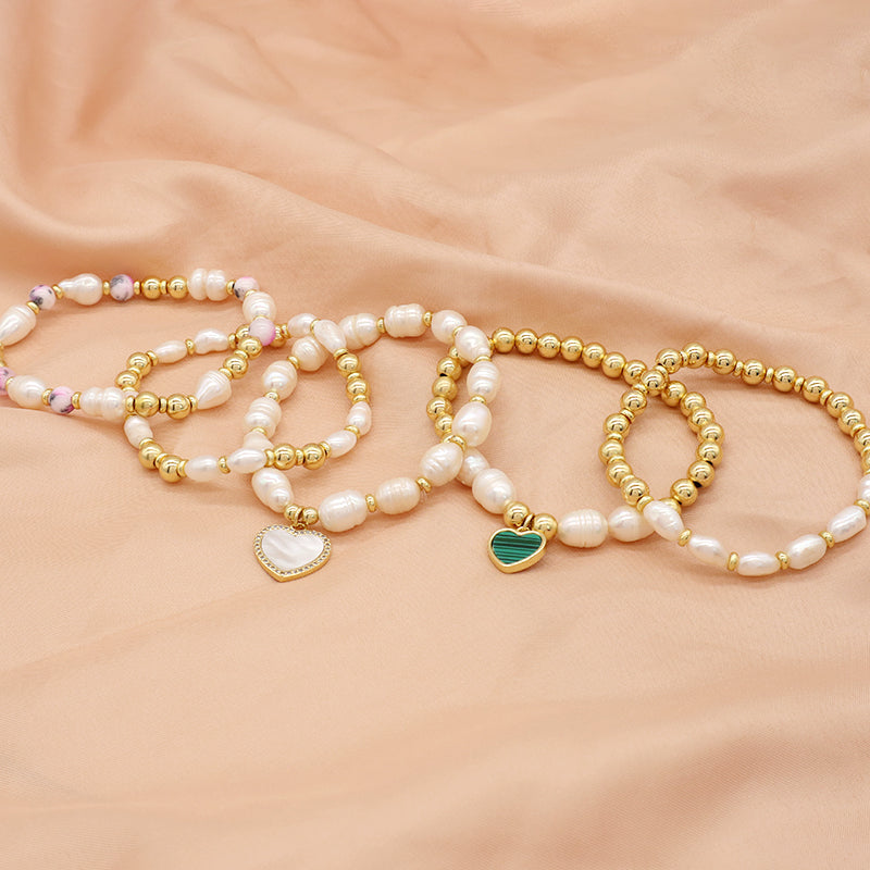 Handmade Customized Jewelry Gold Plated Fresh Water Pearl Heart Charm Bracelet