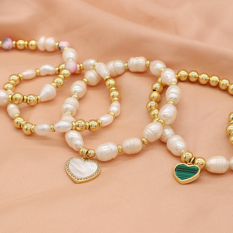Handmade Customized Jewelry Gold Plated Fresh Water Pearl Heart Charm Bracelet