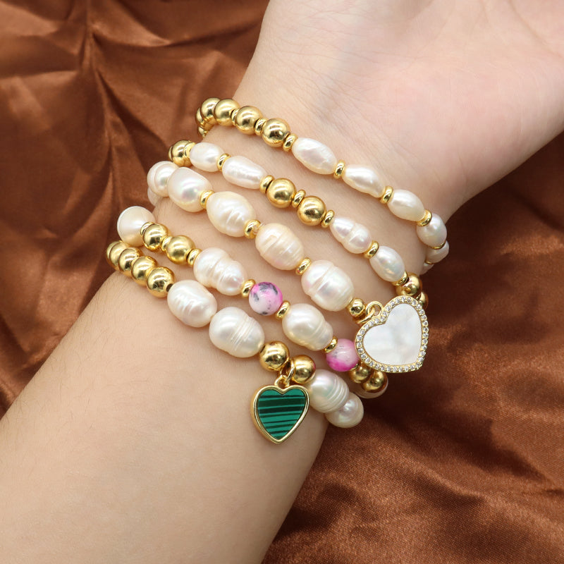 Handmade Customized Jewelry Gold Plated Fresh Water Pearl Heart Charm Bracelet